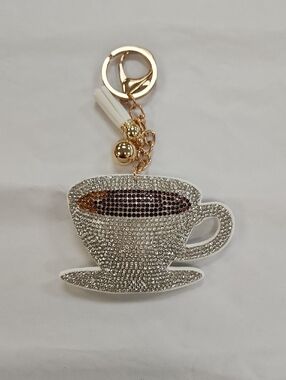 Crystal Teacup Keychain Charm - White and Gold